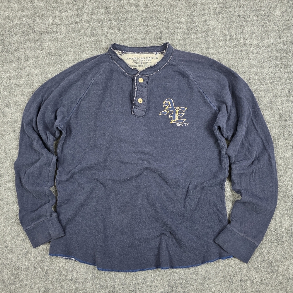 AMERICAN EAGLE HENLEY 100 COTTON LONG sleeve SHIRT NAVY WAFFLE KNIT